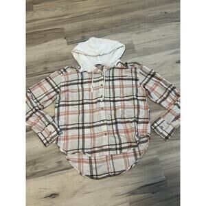 So hooded plaid flannel button down shirt size small white brown orange